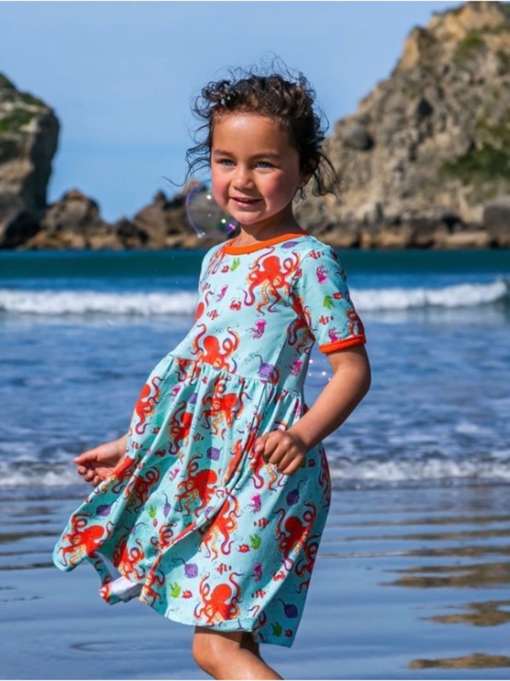 Coddi & Womple Girls' Aqua Octopus Print Short Sleeve Dress 10Y